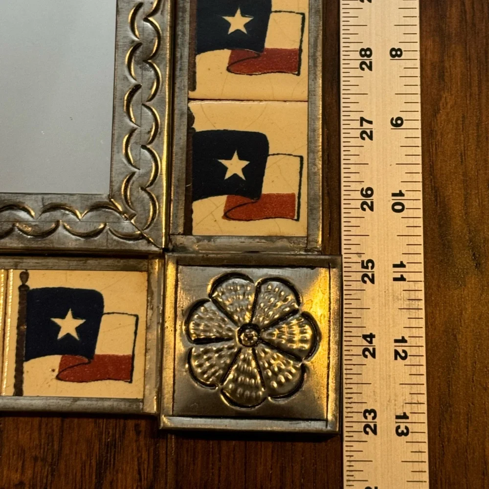 Hanging Punched Tin Mexican Folk Art 11x13 Table Mirror with Texas Flag Tiles